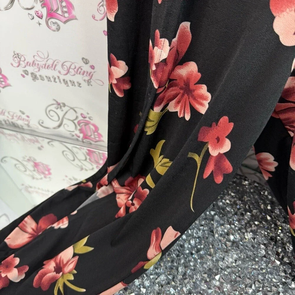 YOINS pants suit jumper romper flowy ruffle sleeve Black Pink Floral Jumpsuit